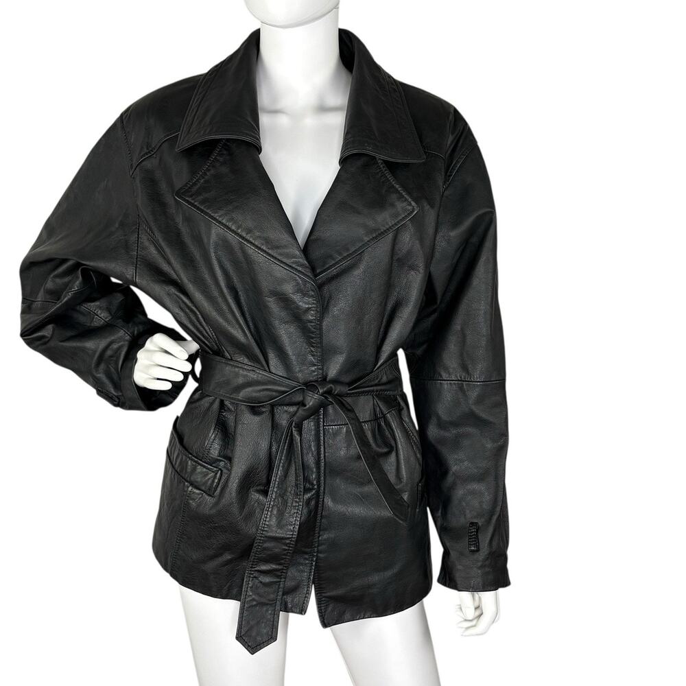 Vtg 90s Preston & York Women’s Leather Jacket Belted Waist Black Size S